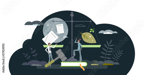 Environmental policy with nature friendly laws and eco rules tiny person concept, transparent background. Renewable and nature friendly regulations from government illustration.