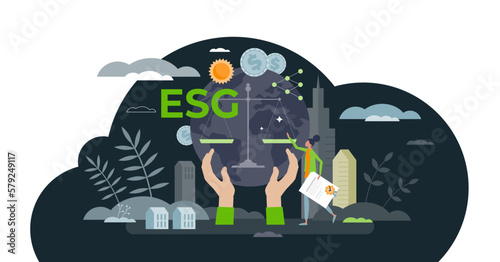 ESG or environmental social governance for ecological and sustainable investment strategy tiny person concept, transparent background. Green and nature friendly future funds.