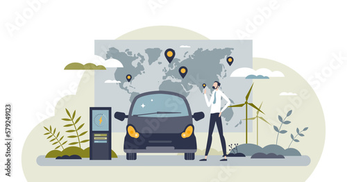 EV charging stations network with plug in recharge map tiny person concept, transparent background. Global power grid for electric vehicles with supercharger infrastructure illustration.
