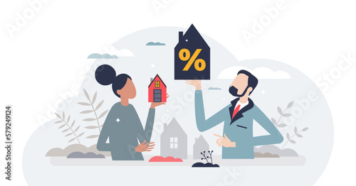 Family house mortgage and home purchase using bank loan tiny person concept, transparent background.Financial interest percentage for real estate investment illustration.