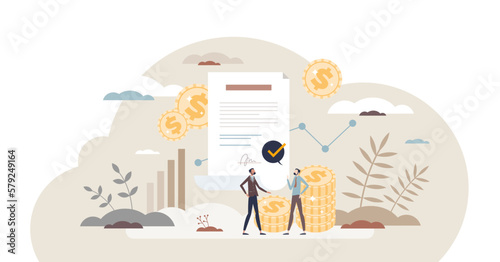 Funding deal and financial support for business project tiny person concept, transparent background. Contract with entrepreneur fund offer and formal money partnership illustration. EU recovery plan.