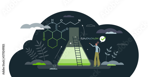 Green chemistry with focus to reduce hazardous substances tiny person concept, transparent background. Chemical research and engineering for nature friendly.