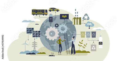 Green supply chain and ecological cargo distribution tiny person concept, transparent background. Product manufacturing cycle with sustainable, nature friendly.