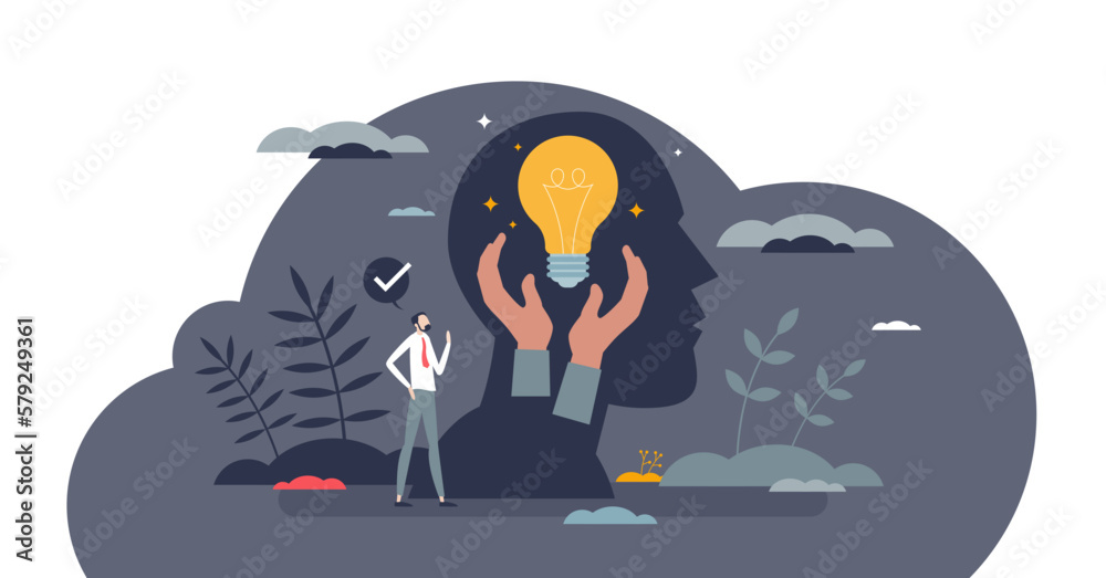 Psychological safety feeling for creative idea generation tiny person concept, transparent background. Faith and belief in professional work without risk in case of failure illustration. - obrazy, fototapety, plakaty 
