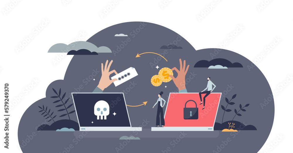 Ransomware data leaking threat in exchange for money tiny person concept, transparent background. Criminal hacker attack with crypto extortion method illustration. Personal file safety risk alert. - obrazy, fototapety, plakaty 
