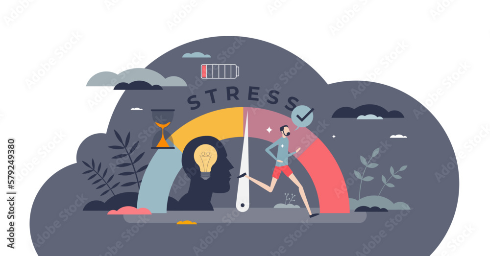 Reducing stress level with sport for mental health tiny person concept, transparent background. Emotion control with activities and job frustration reduction illustration. - obrazy, fototapety, plakaty 