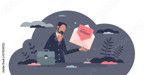 Pink slip as letter for fired employee with job loss tiny person concept, transparent background.Company staff discharge, career failure and leaving business illustration.