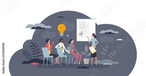 Professional education and teaching new work skills tiny person concept, transparent background.Company staff and employees study in seminar or courses illustration.