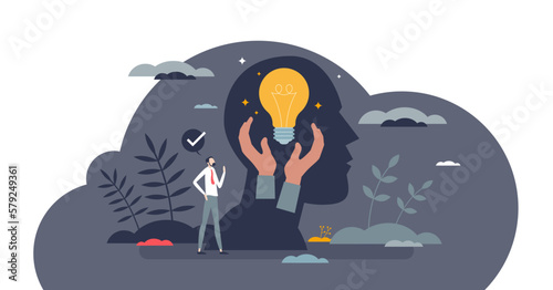 Psychological safety feeling for creative idea generation tiny person concept, transparent background. Faith and belief in professional work without risk in case of failure illustration.