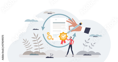 Recertification as diploma for competence and experience tiny person concept, transparent background. Official skill and ability proof renewal from association illustration.