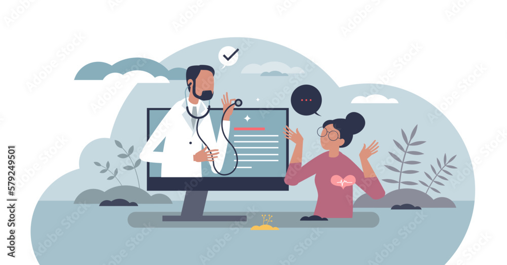 Telemedicine as distant medical service for diagnostics tiny person concept, transparent background.Patient health care support with digital online aid illustration.