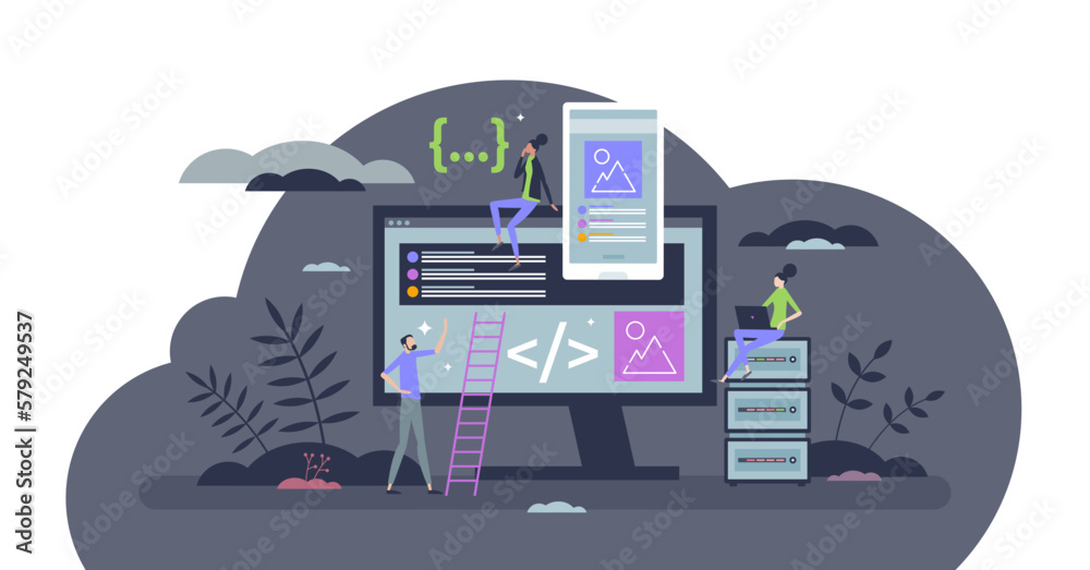 Web app development and phone application programming tiny person concept, transparent background. Digital online project with website code writing.