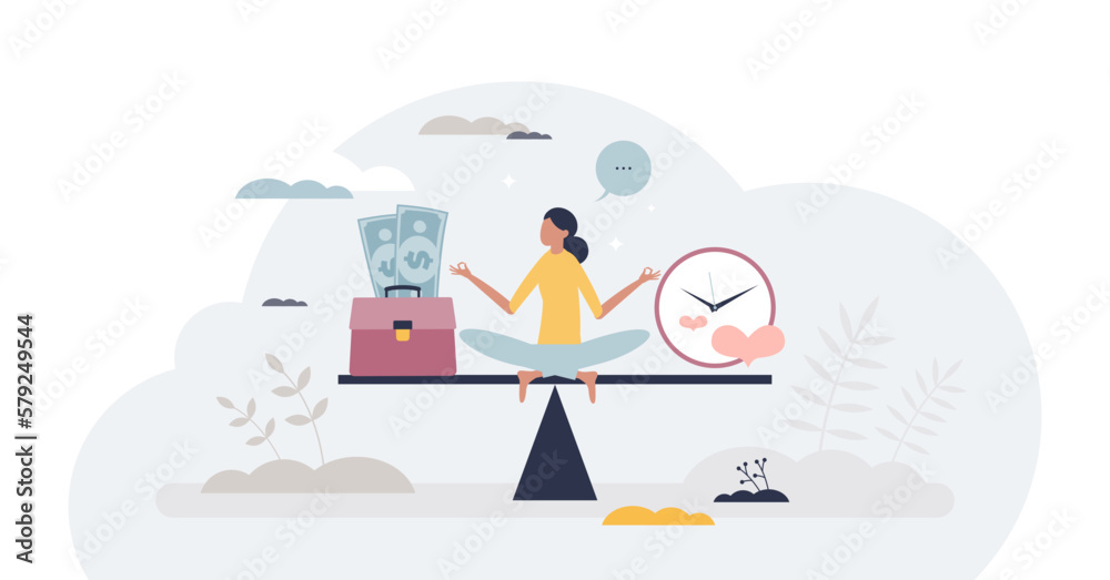 Work and life balance with career and relationship scale tiny person concept, transparent background. Compare time for romantic recreation and professional ambitions illustration.