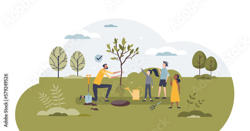 Volunteers teaching green and environmental practices tiny person concept, transparent background. Learning sustainable and nature friendly lifestyle from teacher that is planting trees illustration.