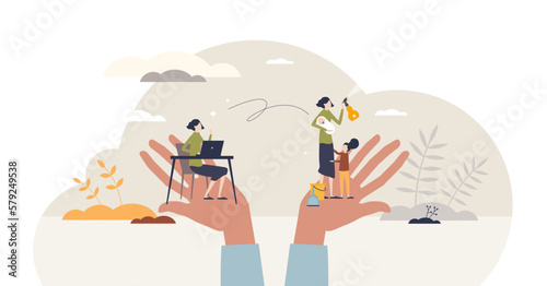 Work life balance for female with career and children tiny person concept, transparent background. Woman with kids and house cleaning tasks compared to professional job choice illustration.