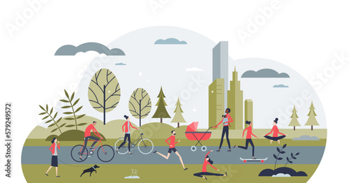 Active transportation city and healthy sport activity tiny person concept, transparent background. Alternative transport without vehicles for green. photo