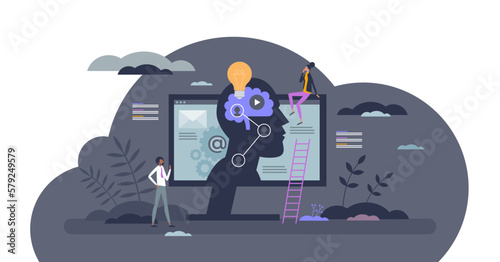 Ad tech or advertising technology with AI content creator tiny person concept, transparent background. Automated commerce strategy using artificial intelligence tools.