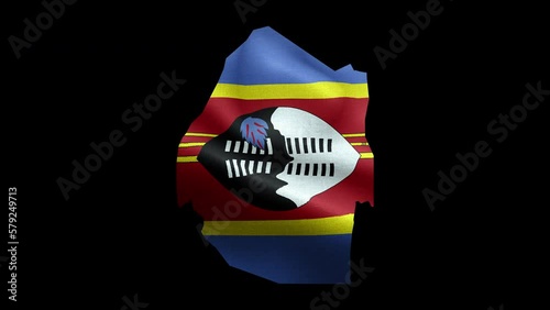 4K waving national flag of Eswatini on the map. With alpha channel seamless Eswatinian flag on territory. Outline geographic country border of Esvatini stock video. photo