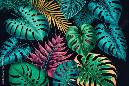 Beautiful colorful tropical leaves. Abstract background or wallpaper. Printable artwork. Generative AI.