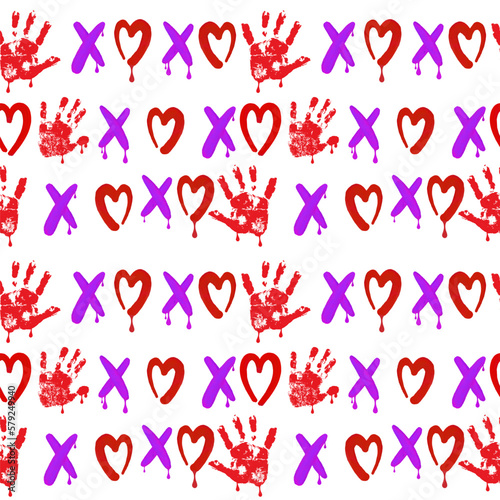 Seamless pattern of handmade watercolor lettering hoho with a heart and a child's palm on a white background. Hand drawn doodle Hearts and words of love.