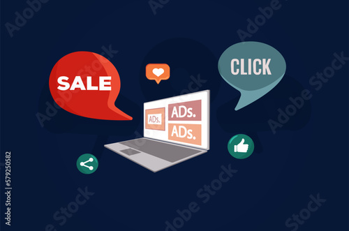 Online advertising alerts on laptop. Show pop-up messages. Vector illustration.