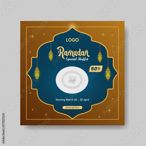 Ramadan Buffet Iftar Social Media Post Banner. Ramadan Theme Food Delivery Square Banner with Lantern. Good used for Food Social Media Post. Ramadan Kareem special food menu social media post banner