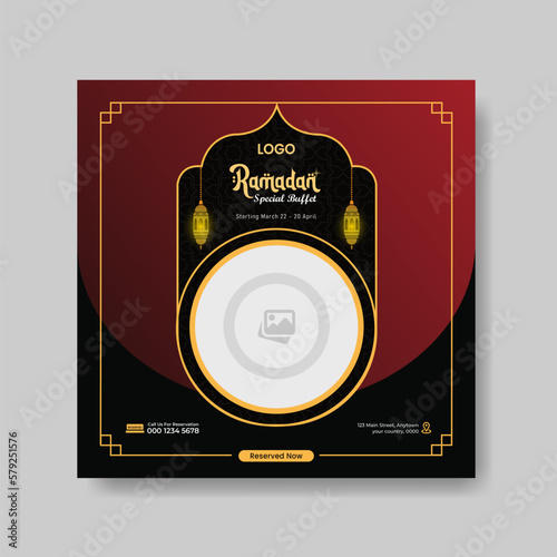Ramadan Buffet Iftar Social Media Post Banner. Ramadan Theme Food Delivery Square Banner with Lantern. Good used for Food Social Media Post. Ramadan Kareem special food menu social media post banner