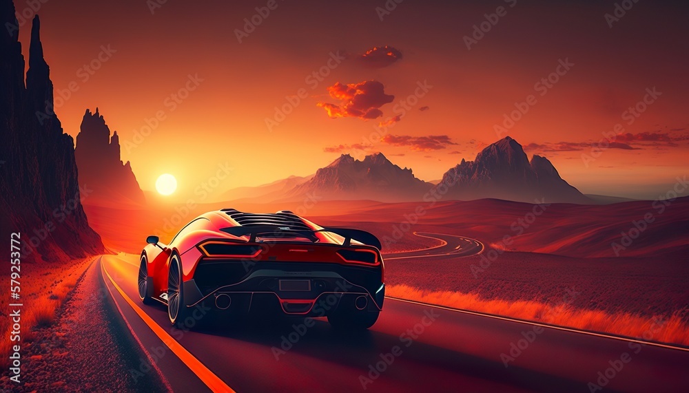 A red sports car driving in the desert