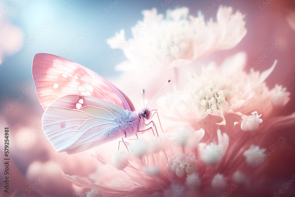 Pink romantic natural floral background with a white butterfly on flower.Generative AI Pink romantic natural floral background with a white butterfly on flower.Generative AI
