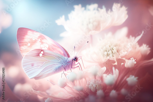 Pink romantic natural floral background with a white butterfly on flower.Generative AI © Slava