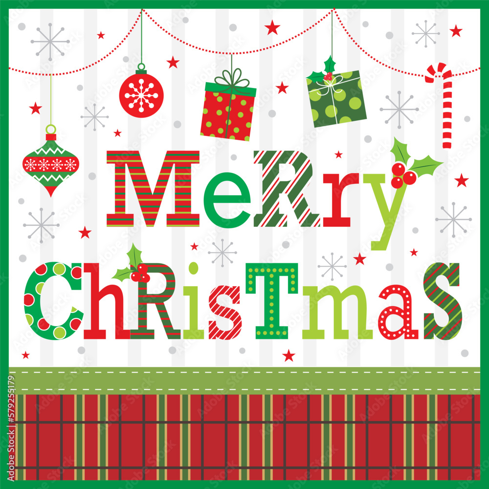 christmas greeting card with christmas lettering and decorations