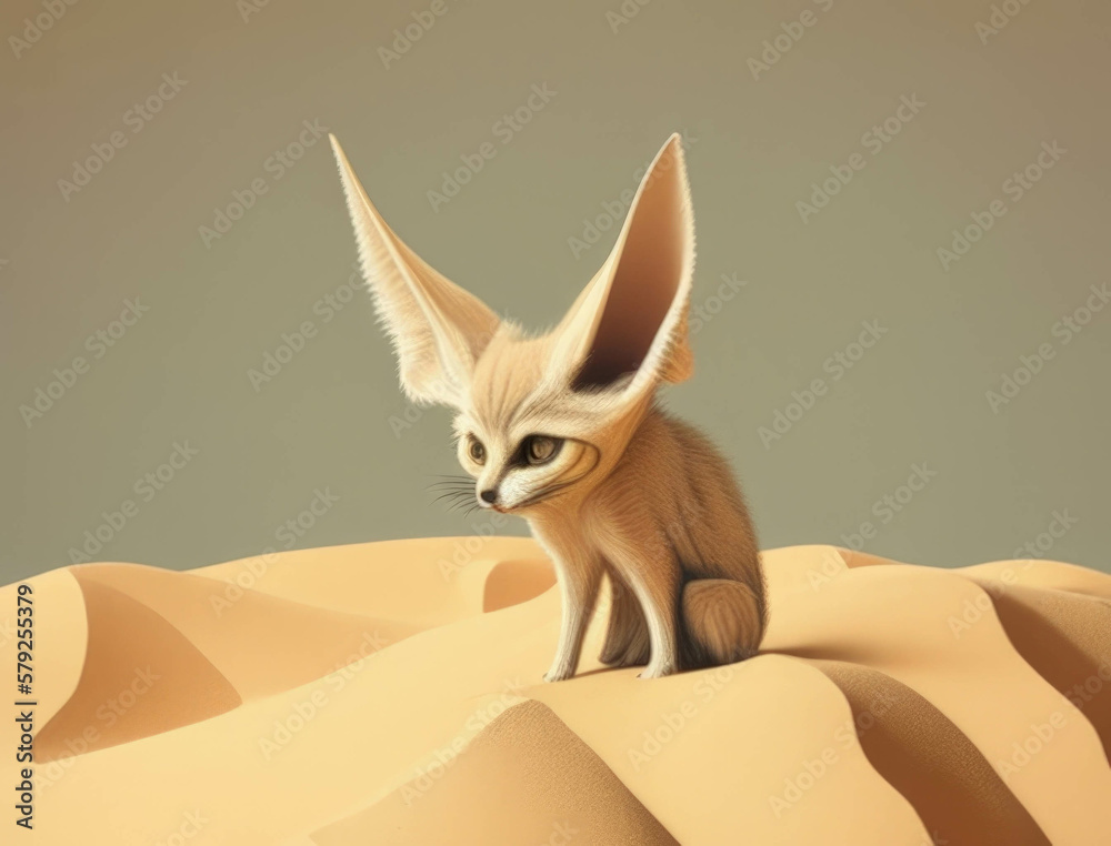 Fototapeta premium A tiny fennec fox scurries across the sand its huge ears waving in the wind. Cute creature. AI generation.