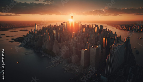 Photography of Skyline at sunset and 4k birds' eye view in new york city  © Madhya Agency