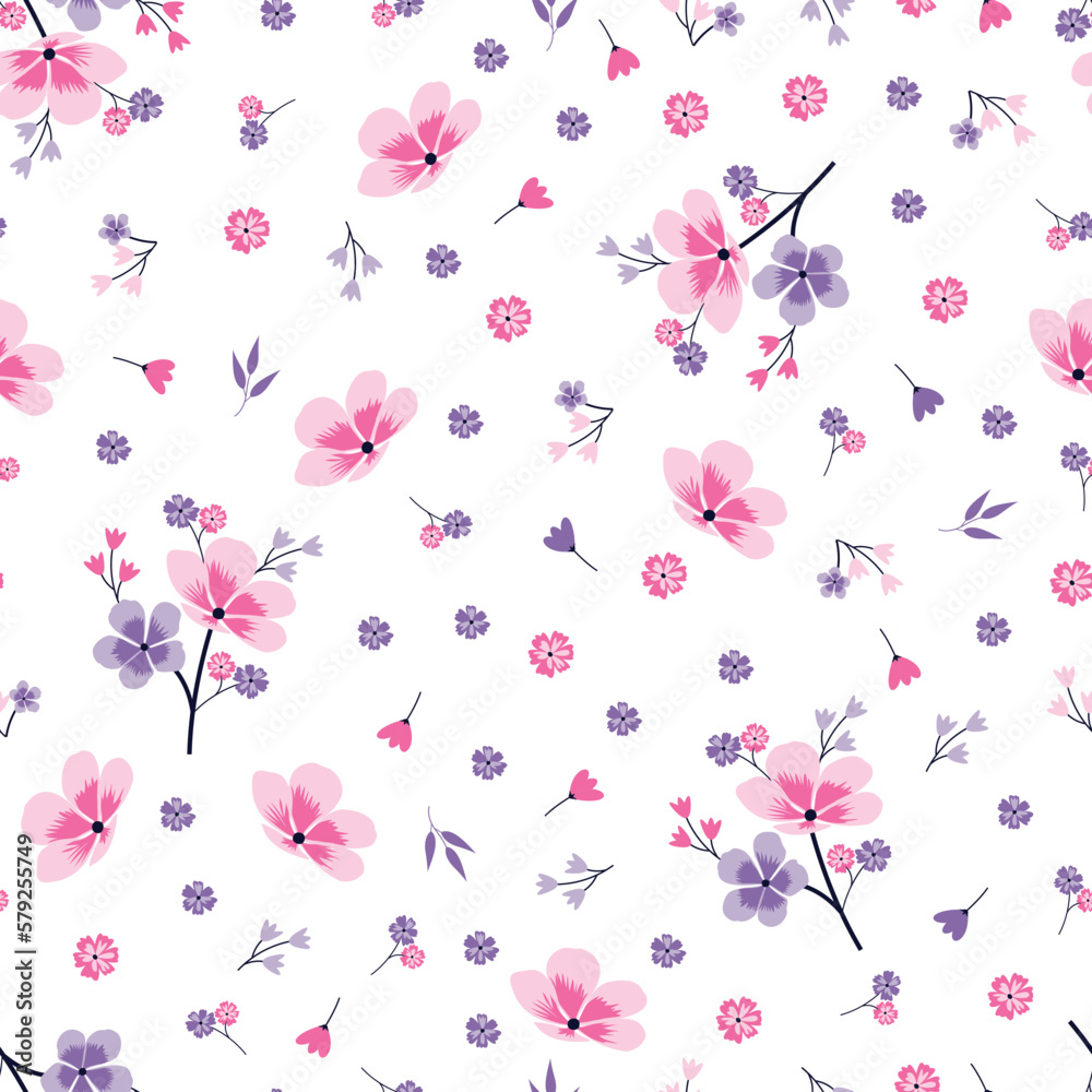 Obraz premium Dainty floral seamless surface pattern. Aesthetic allover floral arrangement. Flowery texture of bunch of scandi flowers