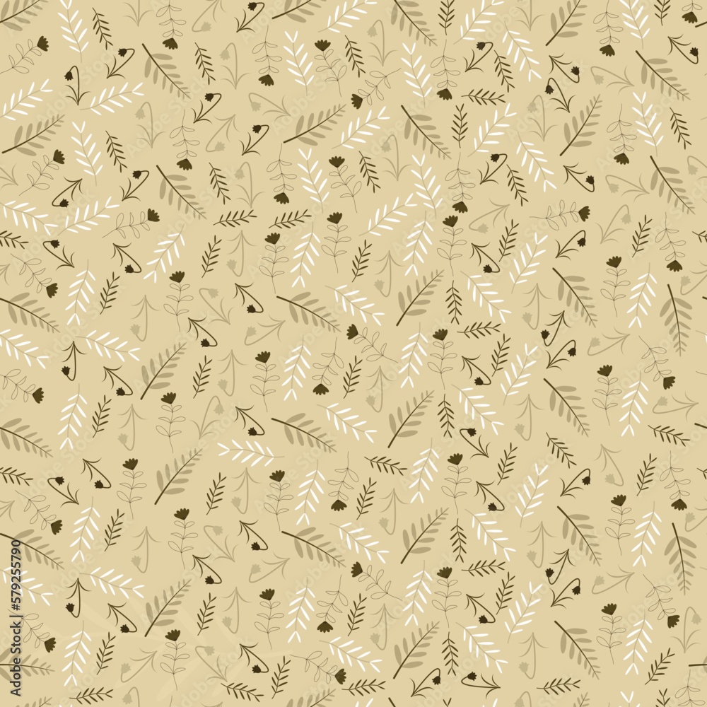 Exquisite ditsy floral arrangement of bunch of aesthetic wildflowers and leaves. Allover printed foliate seamless pattern