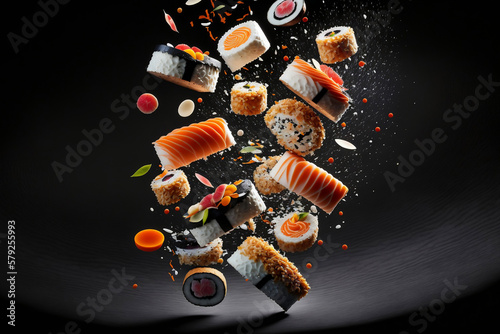 Delicious sushi rolls and ingredients on black background, generative ai