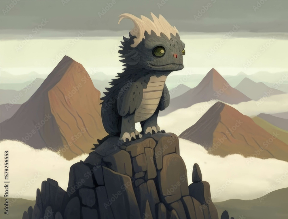 An eerie chimera perched atop the highest peak its many heads surveying ...