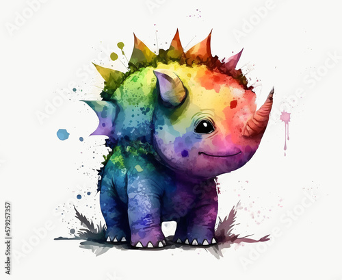 Cute Cartoon Triceratops in bright splashes of color  watercolor style created with Generative AI technology