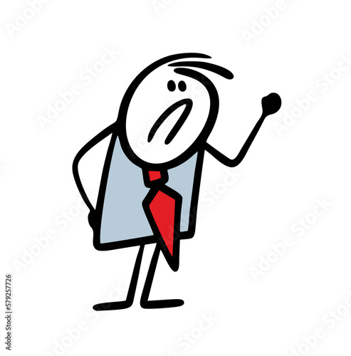 Cartoon rude man in an office suit shakes his fist at colleagues.