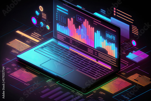 Business data analytics finance statistics customer insights stock market graph trends on laptop screen concept, generative ai.