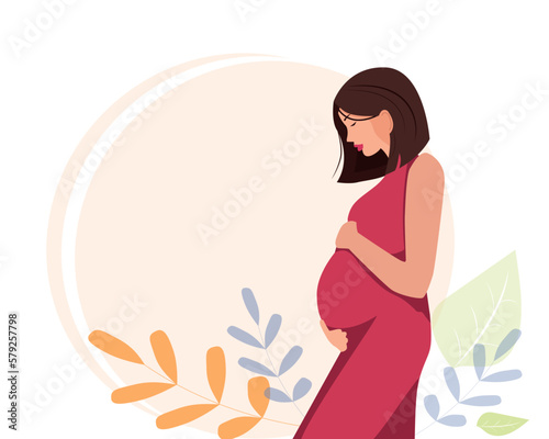 Pregnant woman  future mother and hugging her belly with arms. Vector illustration.