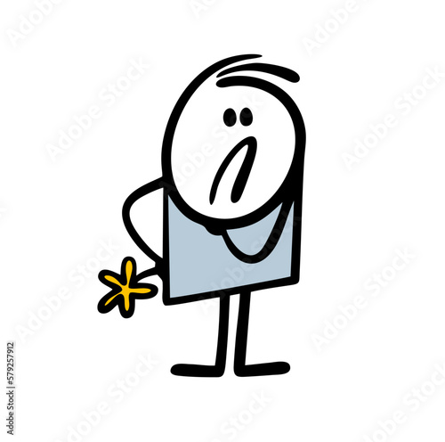 Cartoon disgruntled boy holds a flower in his hand and waits for his girlfriend.