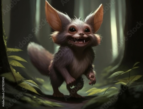 A cuddly Werewolf pup with a floppy ears and a wide toothy grin bounding through the forests of the night. Cute creature. AI generation. © Justlight
