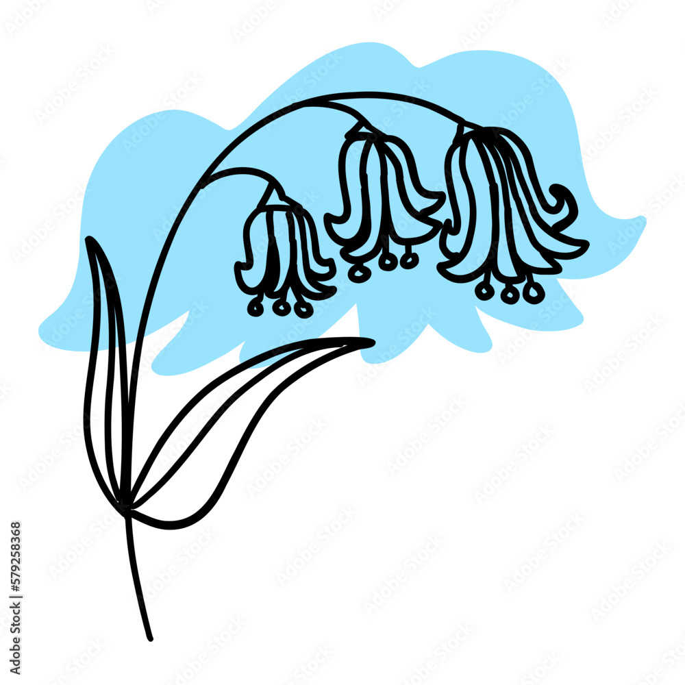 Fototapeta premium Flower in outline doodle flat style with colorful blue brush. Simple floral element plant decorative design. Hand drawn line art. Creative sketch. Vector illustration isolated on white background.