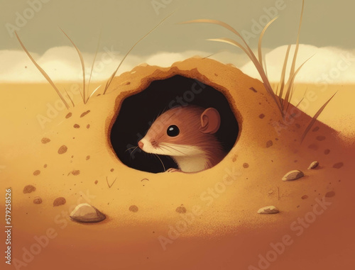A sly shrew peeking from its burrow. Cute creature. AI generation.