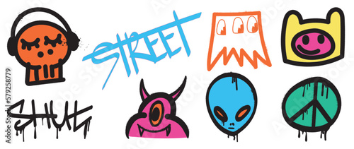 Set of graffiti spray paint vector. Colorful brush paint ink dripping texture collection of text  abstract element  monster  alien  symbol. Design for decoration  card  sticker. banner  street art.