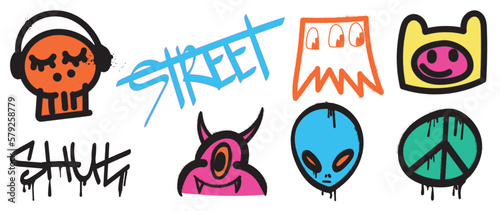 Set of graffiti spray paint vector. Colorful brush paint ink dripping texture collection of text, abstract element, monster, alien, symbol. Design for decoration, card, sticker. banner, street art.