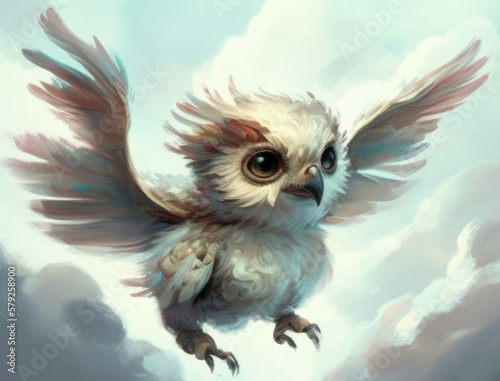 A harpy flew high above the clouds its sharp eyes scanning the earth below. Cute creature. AI generation.