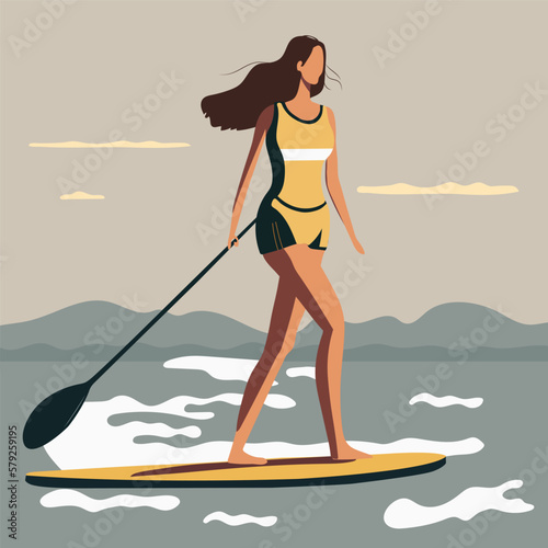 Young  woman standing on sup board isolated. Flat vector