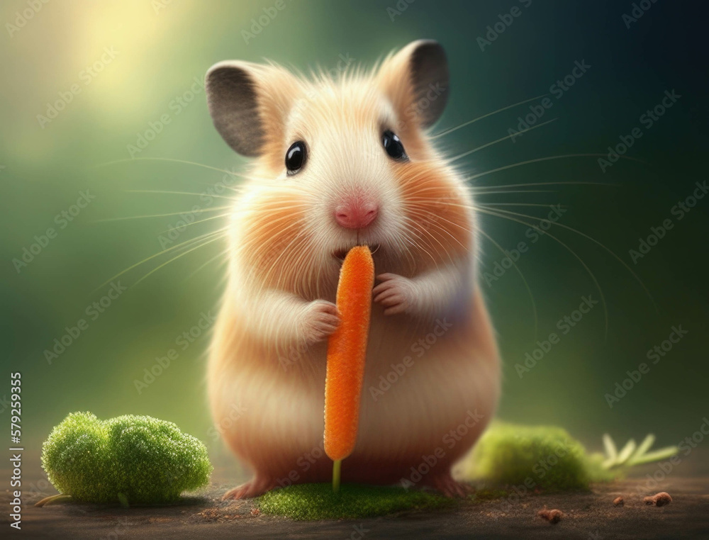 A fuzzy hamster munches on a carrot its twitching nose eagerly sniffing out the crunchy snack. Cute creature. AI generation.